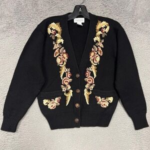 Vintage JH Collectible Sweater Sz P Petite Floral Embroider Cardigan Cottagecore